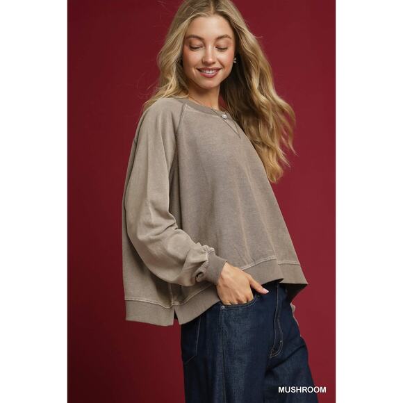 Umgee Mineral Wash Crew Neckline Relaxed Fit French Terry Sweatshirt | Mushroom - Picture 4 of 6